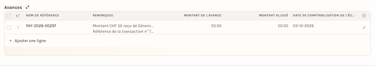 Le tableau Avances de la facture : l'acompte de 50.00 y est alloué