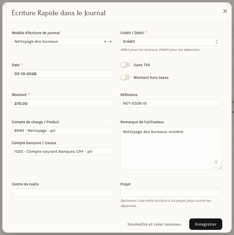 La fenêtre Écriture Rapide dans le Journal, remplie avec un modèle