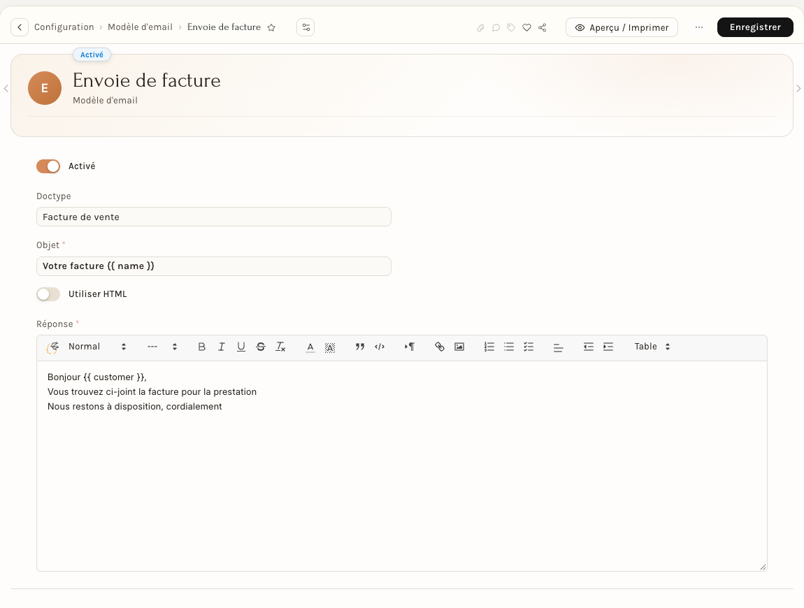 La fiche du modèle « Envoie de facture » : l'objet, le message et ses variables