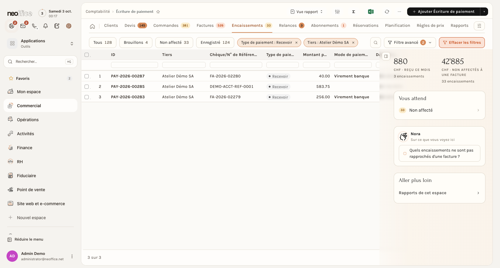 La liste des encaissements, ici filtrée sur le client de démonstration