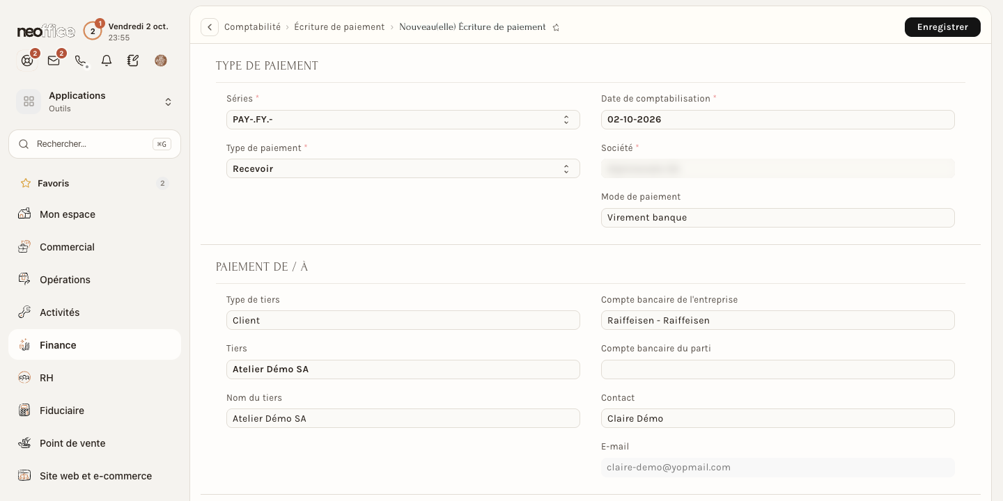 Le formulaire d'une écriture de paiement : type, client, mode de paiement