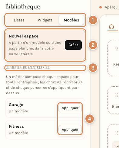L'onglet Modèles de la bibliothèque de l'atelier