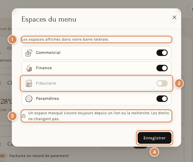 La fenêtre Espaces du menu, avec un espace masqué