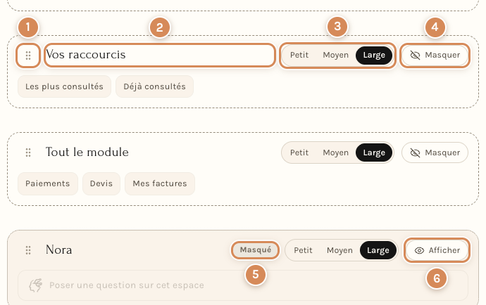 Un widget visible et un widget masqué, avec leurs réglages