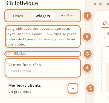 L'onglet Widgets de la bibliothèque