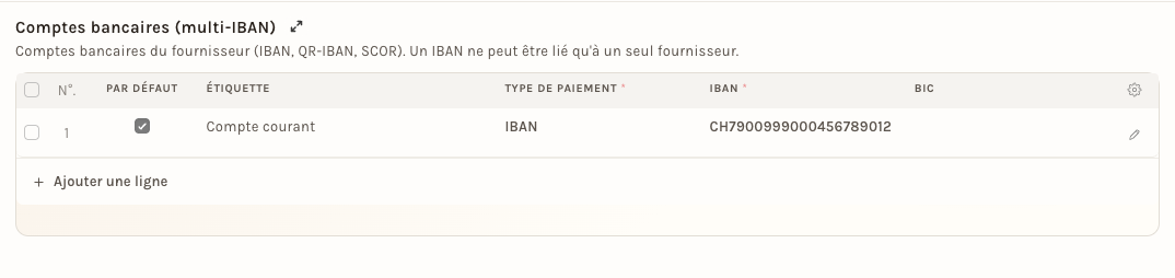 Les comptes bancaires d'un fournisseur