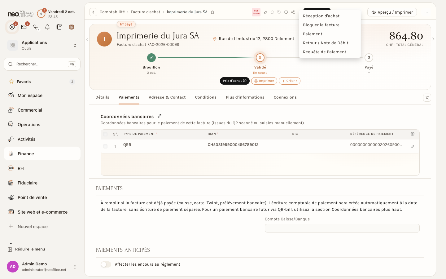 La facture validée et son menu Créer