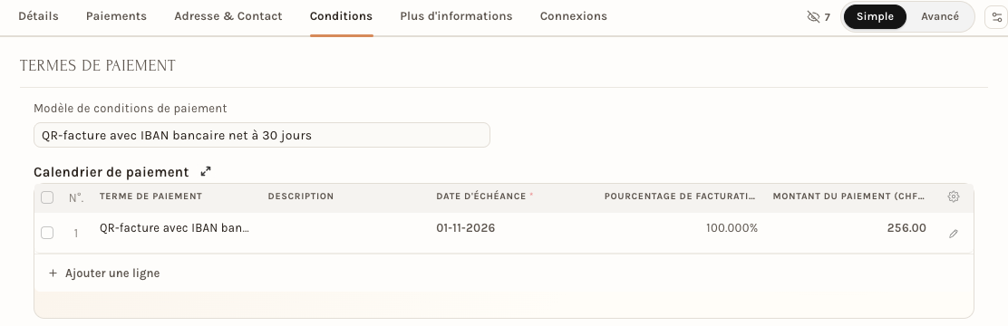 L'onglet Conditions : le calendrier de paiement