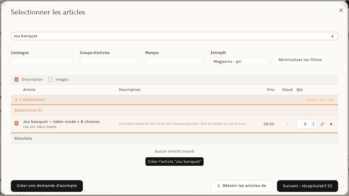 La recherche d'articles : le jeu « banquet » est coché, en quantité 3