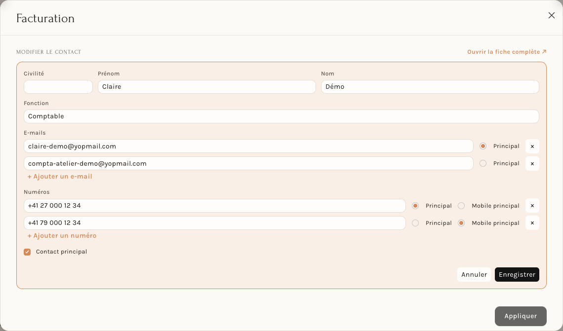 Modifier un contact : plusieurs e-mails et numéros