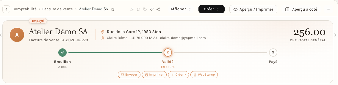 La facture validée : état Impayé, boutons Envoyer, Imprimer, Créer et WebStamp
