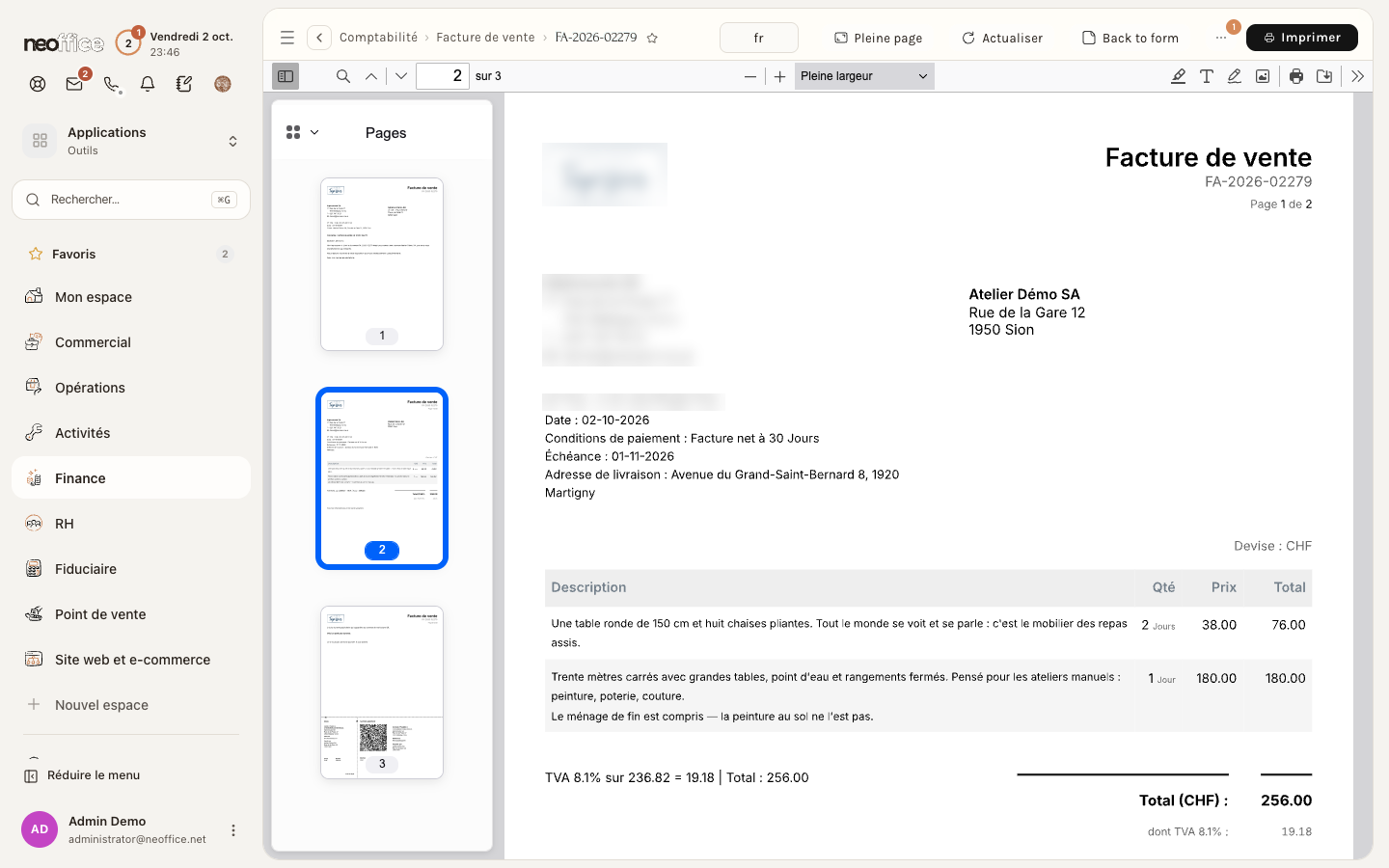 La page d'impression : la facture en PDF
