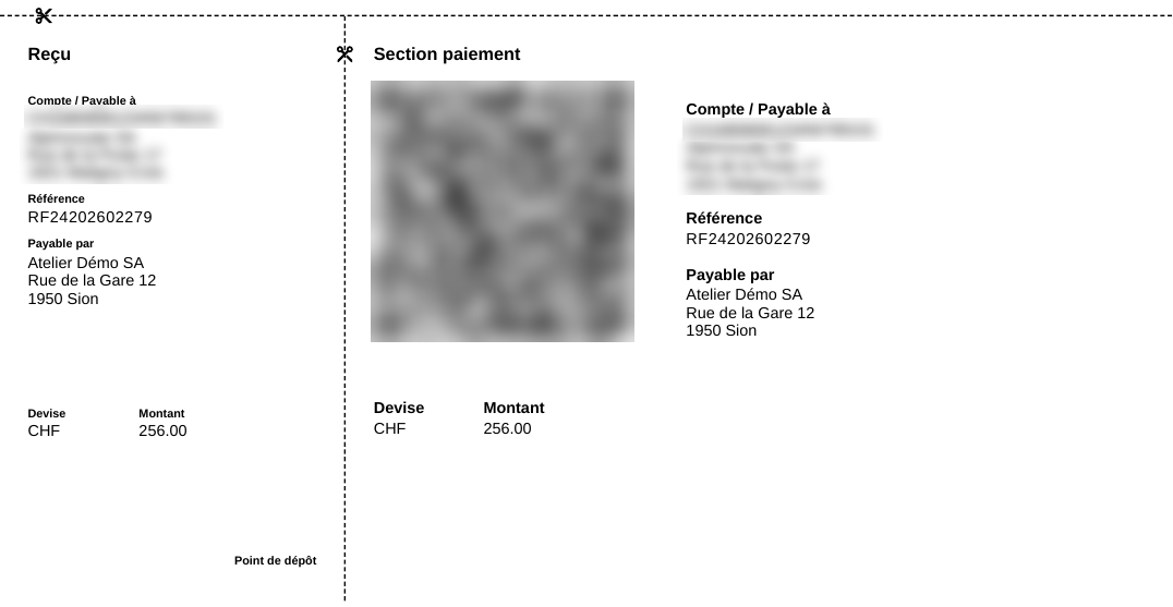 Le bulletin de versement QR en bas de la dernière page (code QR et coordonnées de l'entreprise floutés sur cette capture)