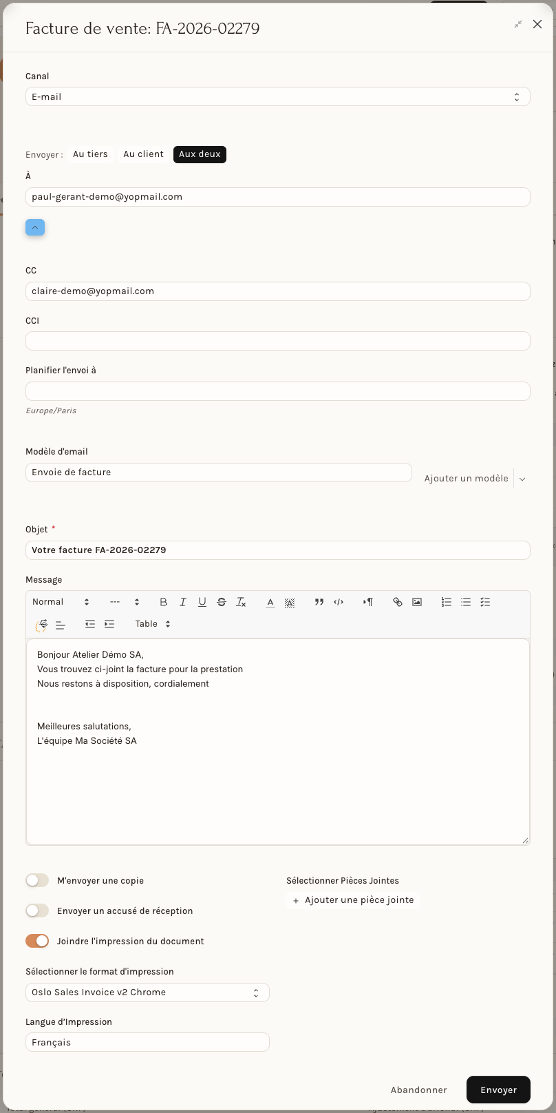 La fenêtre d'envoi par e-mail