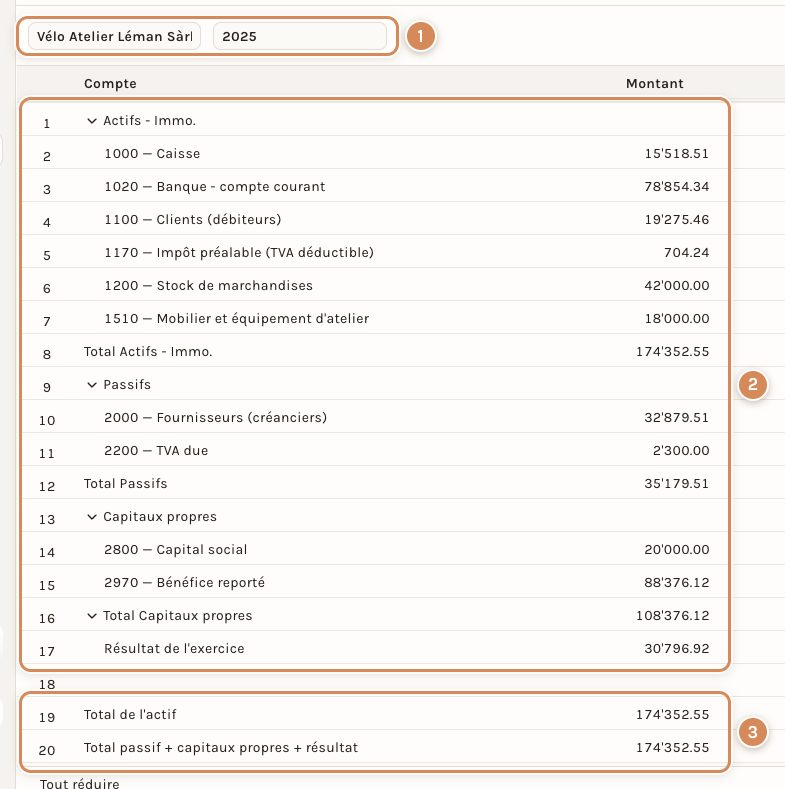 Le bilan (archive) d'un exercice fictif : filtres, sections et totaux
