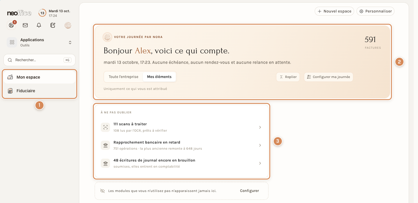 Mon espace pour le compte d'une fiduciaire : deux espaces dans le menu, et « À ne pas oublier » qui rappelle les scans, la banque et les brouillons