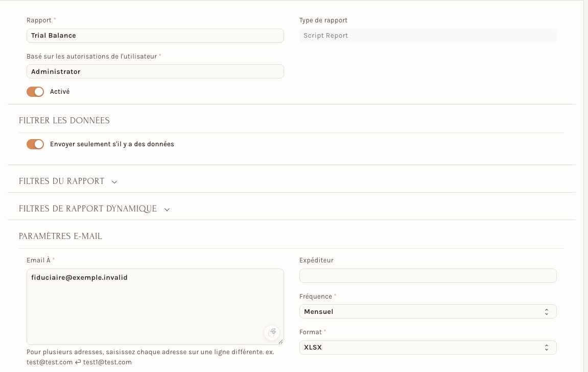 Le formulaire d'un rapport par e-mail automatique : rapport, destinataire, fréquence mensuelle, format XLSX