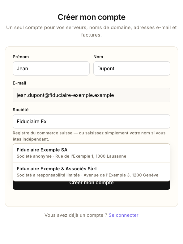 La recherche de la société : deux entreprises du registre du commerce proposées