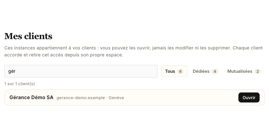 La recherche « gér » : un seul client reste dans la liste