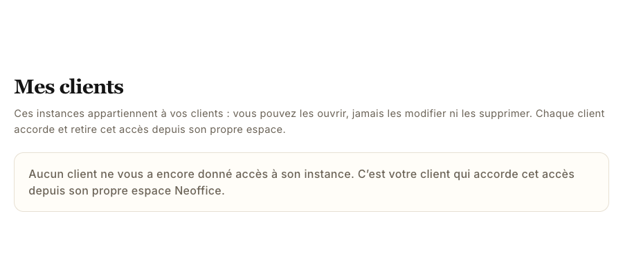 La page Mes clients avant le premier accès donné par un client