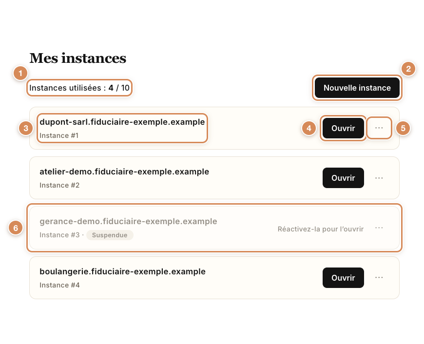La page Mes instances : le nombre d'instances utilisées, Nouvelle instance et quatre instances, dont une suspendue