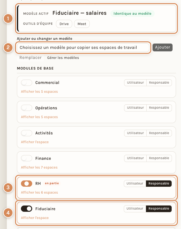 La fenêtre de création d'un compte avec le modèle Fiduciaire — salaires choisi : le modèle actif, la liste des modèles, la carte RH en partie et la carte Fiduciaire