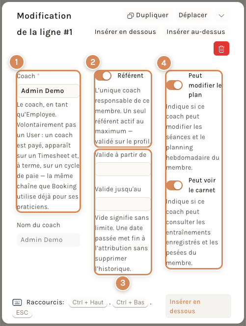 Une ligne de coaching : le coach, le référent, les dates de validité et les droits