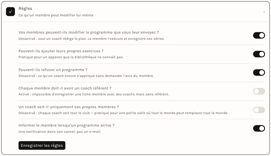 L'étape Règles : six questions, six interrupteurs