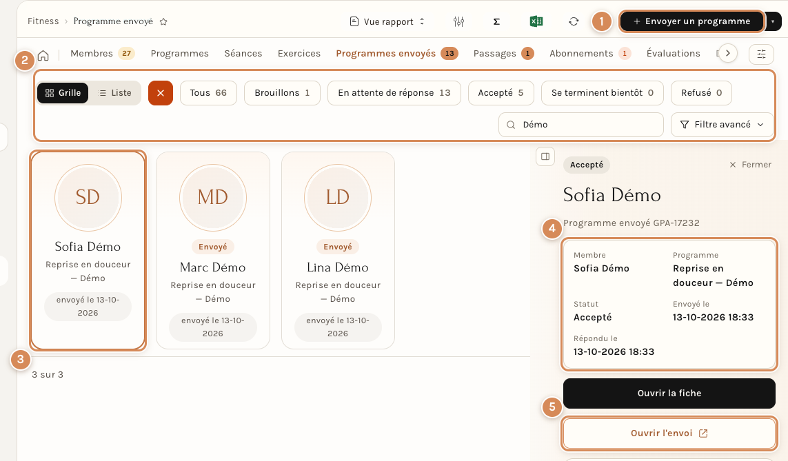 L'onglet Programmes envoyés : les vues, une carte par envoi et son panneau