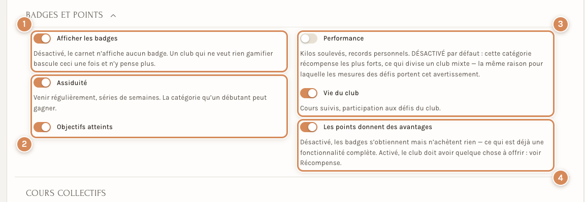 La section Badges et points : l'interrupteur général, les catégories, les points