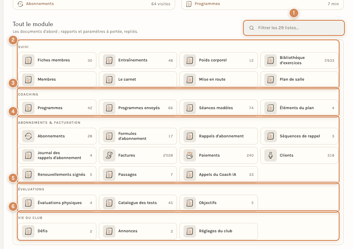 Tout le module : cinq rubriques et le champ Filtrer les listes