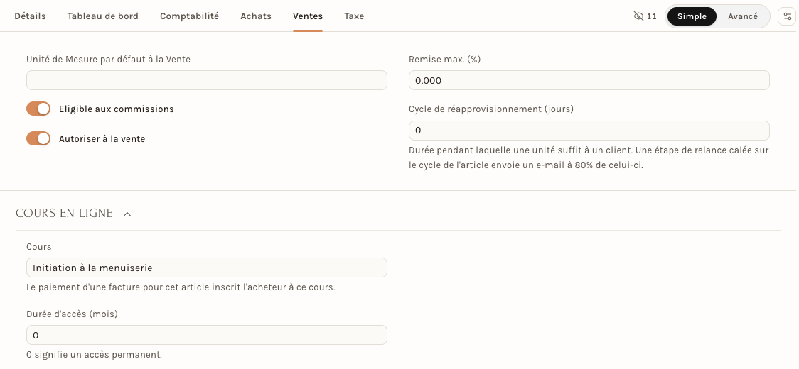 La section Cours en ligne de la fiche d'un article, onglet Ventes