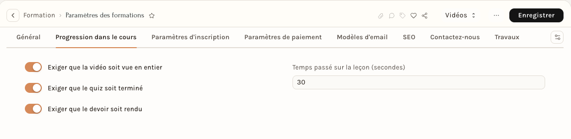 L'onglet Progression dans le cours
