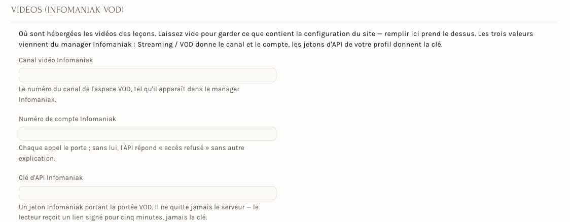 La rubrique Vidéos : les trois valeurs à saisir (vides sur cette capture)