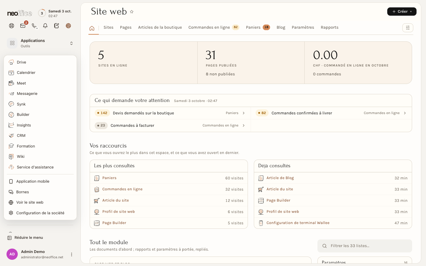 Le menu Applications, avec l'entrée Formation