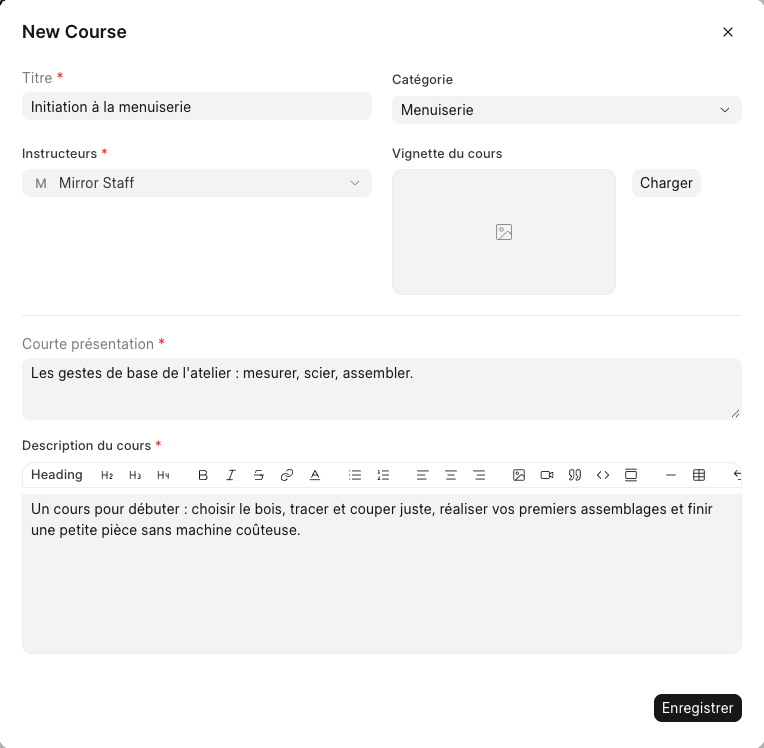 La fenêtre de création d'un cours de démonstration