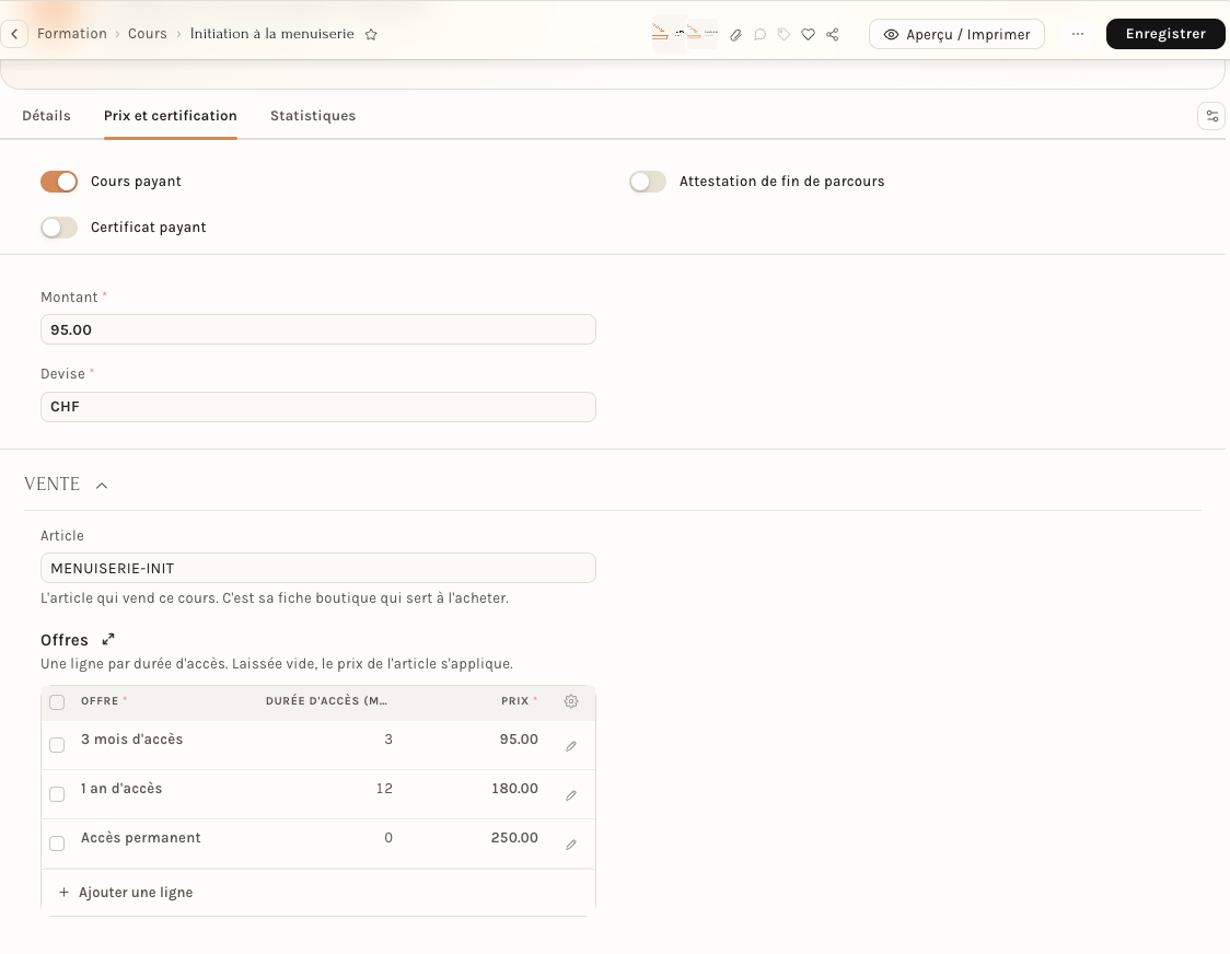 La section Vente d'un cours : l'article et trois offres