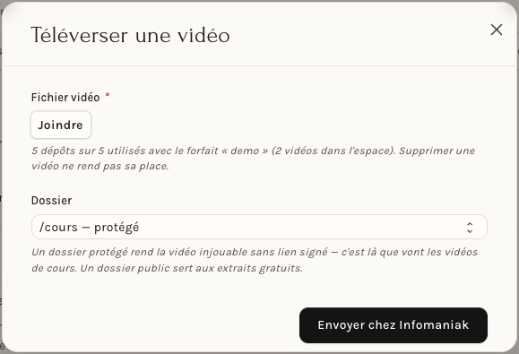 La fenêtre Téléverser une vidéo