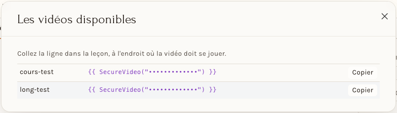 La liste des vidéos disponibles, avec la ligne à copier (identifiants masqués)