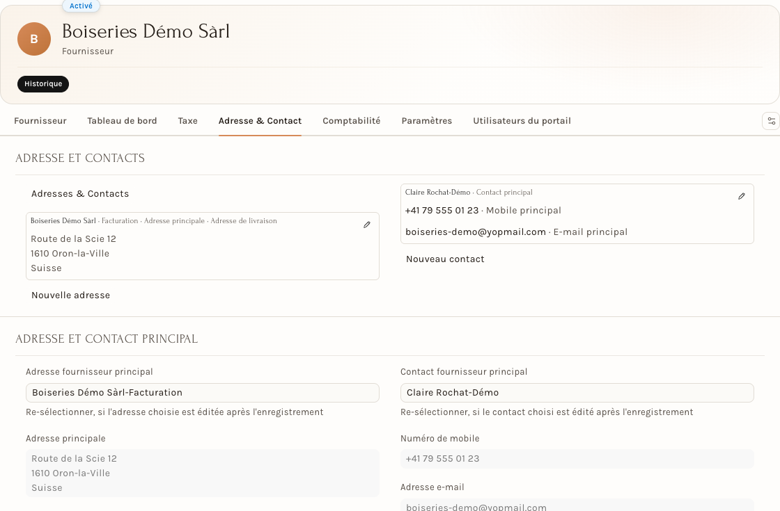 L'onglet Adresse & Contact : l'adresse et le contact créés avec le fournisseur