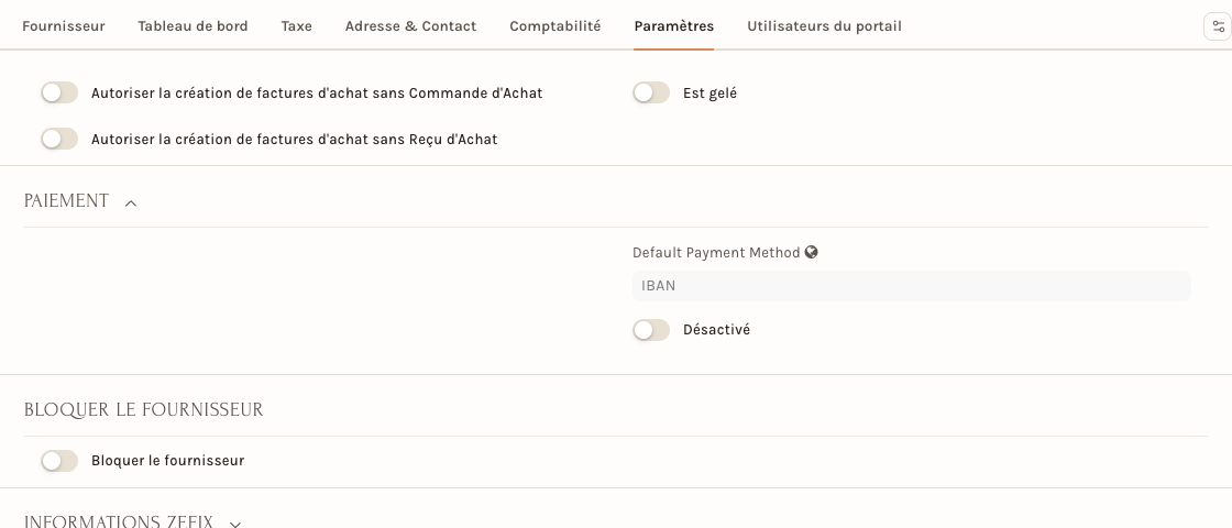 L'onglet Paramètres : factures sans commande, gel, blocage