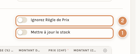 Les deux interrupteurs d'une facture : Mettre à jour le stock et Ignorez Règle de Prix