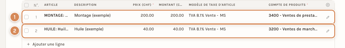 Deux lignes d'une facture de vente : le forfait de montage sur le compte 3400, la marchandise sur le compte 3200, toutes deux à 8.1 %