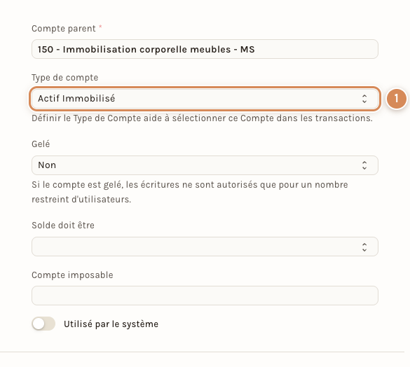 La fiche d'un compte : le champ Type de compte vaut Actif Immobilisé