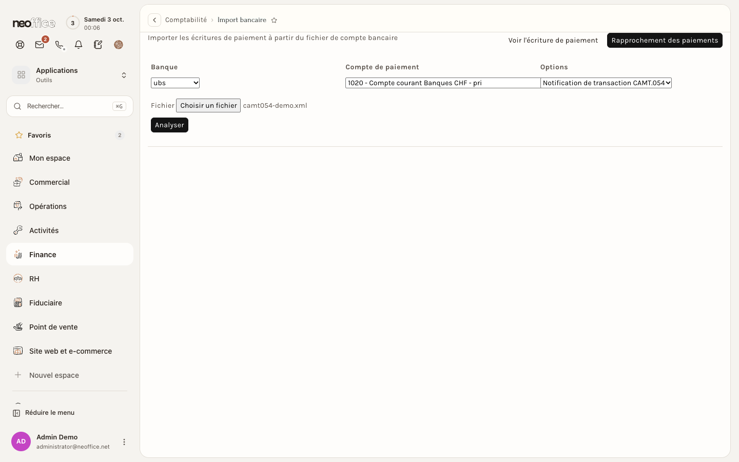 La page d'import, avec un fichier camt.054 choisi