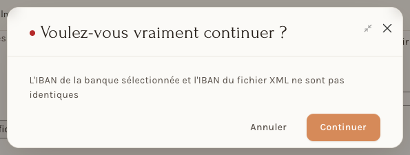 La fenêtre qui signale deux IBAN différents
