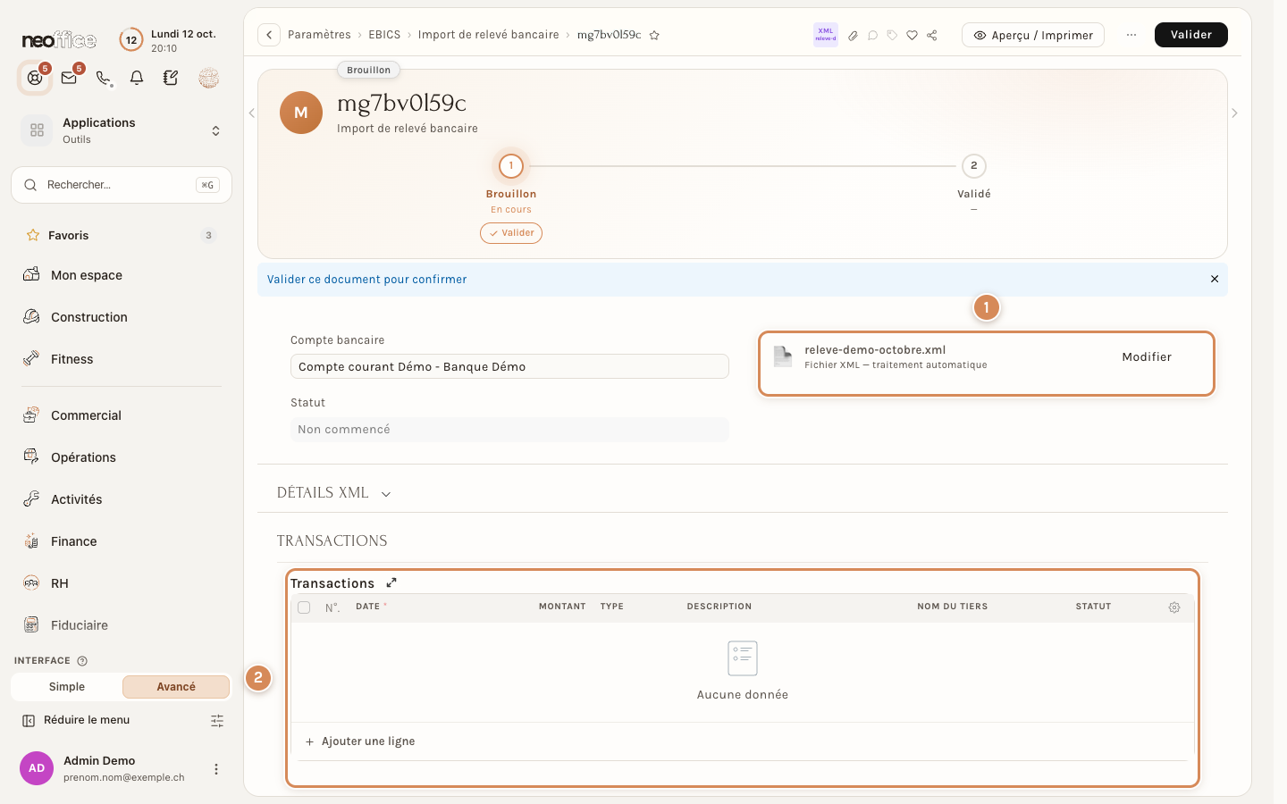 L'import ouvert après Continuer : le fichier XML est attaché, la liste des transactions est vide