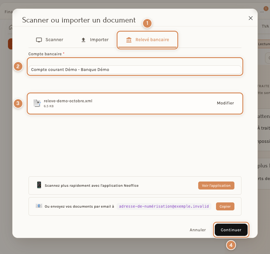 La fenêtre Scanner ou importer un document, onglet Relevé bancaire, avec le compte et le fichier choisis