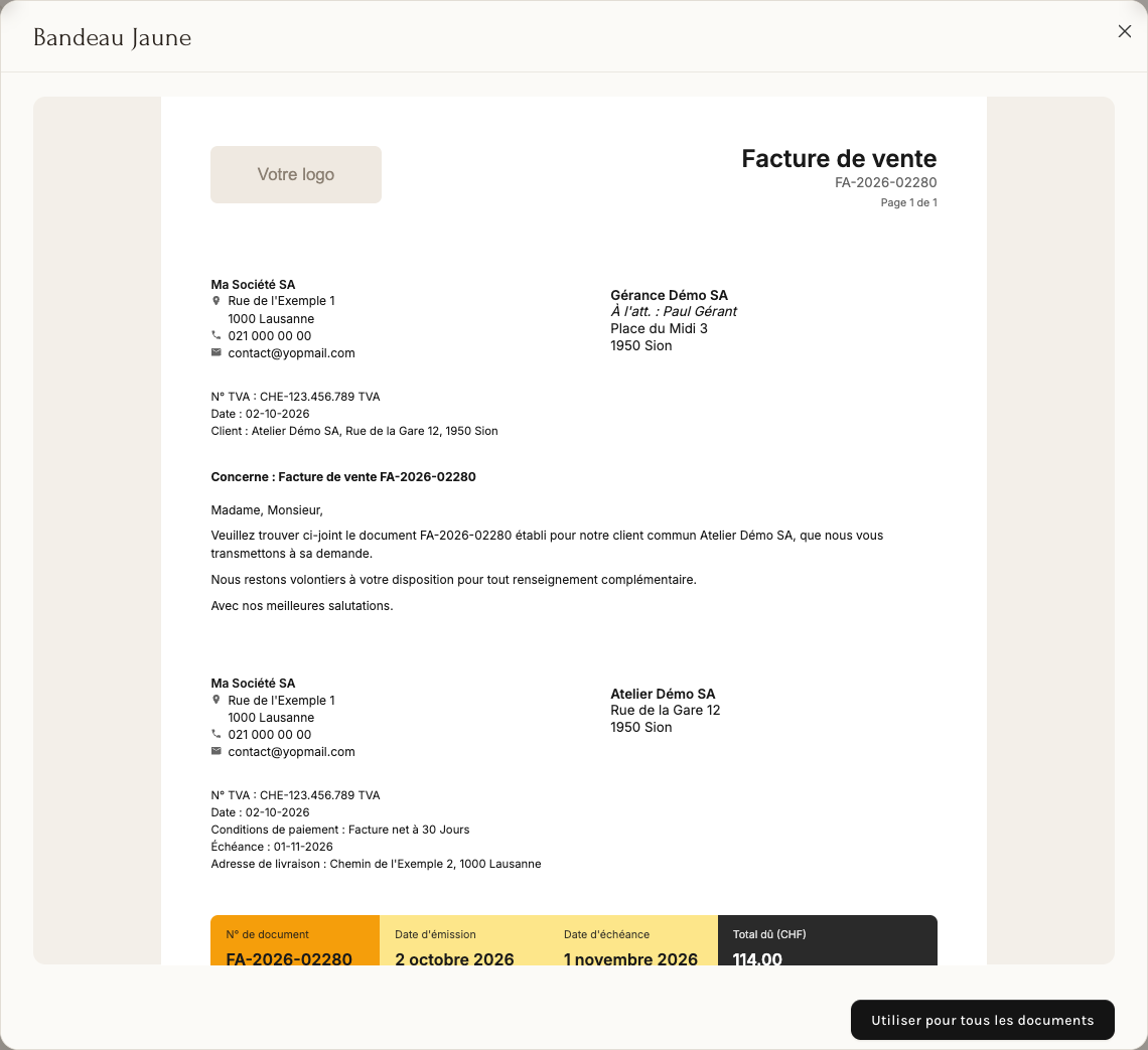 L'aperçu agrandi d'un thème, ici Bandeau Jaune, avec le bouton Utiliser pour tous les documents en bas à droite