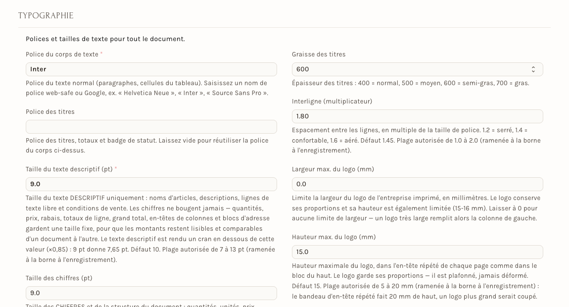 La section Typographie de la fiche d'un thème : polices, tailles, interligne et taille maximale du logo